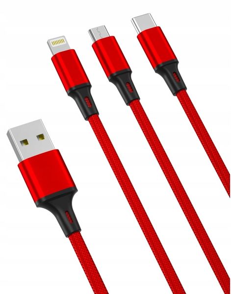 Kabel 3w1 USB Lightning + USB-C + microUSB (kolor różowy) zdjęcie 1