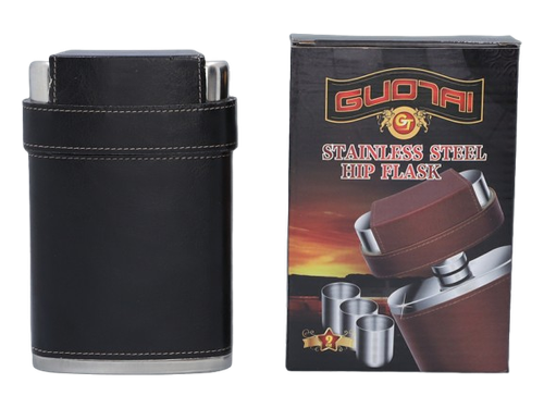 Elegancka Czarna Piersiówka Obszyta Skórą w Zestawie z Kieliszkami w Etui na Arena.pl