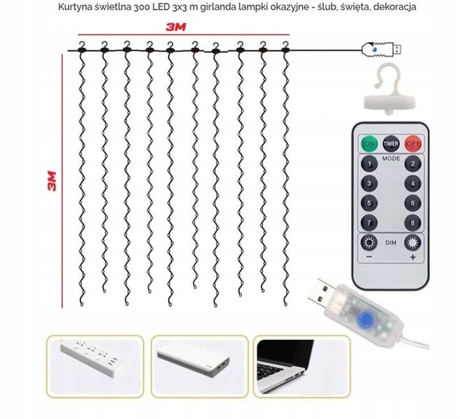 Kurtyna LED USB 5V 300LED 3x3m + pilot biała ciepła zdjęcie 12