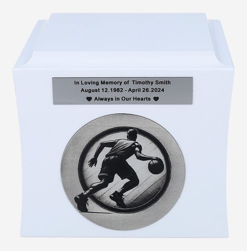 Urna na prochy z motywem koszykówki Biały / Wzór1 / Tabliczka na Arena.pl