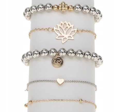 Zestaw 5 Bransoletek Srebrnych Złotych Liść Serce na Arena.pl