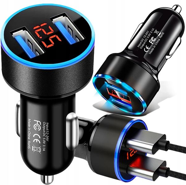 ŁADOWARKA SAMOCHODOWA 2XUSB Z VOLTOMIERZEM LCD zdjęcie 1