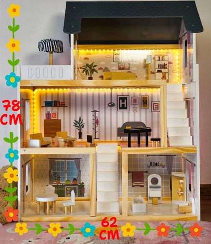 DOMEK DLA LALEK DREWNIANY LED Akcesoria Laleczki 3 Poziomy Duży Mebelki na Arena.pl