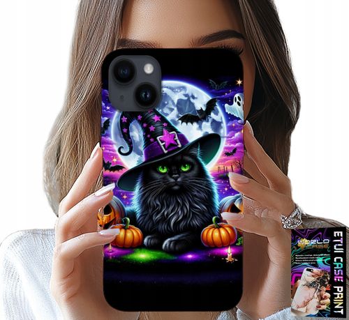 ETUI DO IPHONE 15 PLUS - CZARNY KOTEK HALLOWEEN SALEM DYNIA WZORY na Arena.pl