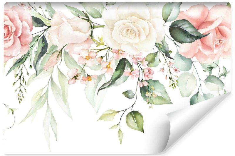 Fototapeta Ścienna RÓŻE Liście Akwarela 400cm x 280cm zdjęcie 1