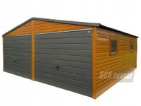 GARAŻ BLASZANY 6m x 6m poziom - dwuspad - 2x Brama + drzwi + 2x okno - złoty dąb drewnopodobny + antracyt BOX43 6x6
