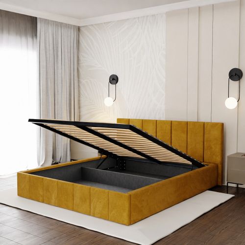 ŁÓŻKO TAPICEROWANE DO SYPIALNI 140x200 ŁÓŻKO PREMIUM Z POJEMNIKIEM ŻÓŁTE na Arena.pl