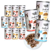 MOKRA KARMA DLA KOTA TufTuf puszka kawałki mięsne MIX SMAKÓW ZESTAW 12x415g