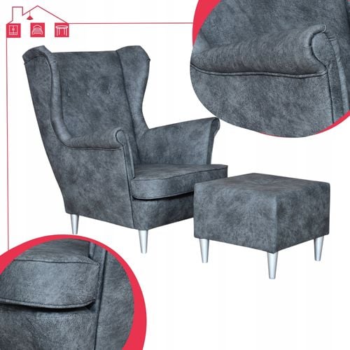 SZARY fotel uszak eko skóra skandynawski z podnóżkiem Ari Family Meble na Arena.pl