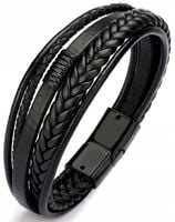 Bransoletka Skórzana Czarna Męska Stal Szlachetna