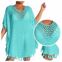 PAREO letnia sukienka plażowa NARZUTKA tunika BOHO turkus frędzelki KORONKA