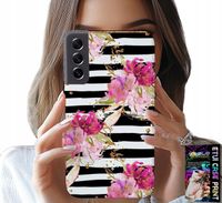 ETUI DO SAMSUNG GALAXY S21 - KWIATKI W CZARNO - BIAŁE PASKI WZORY