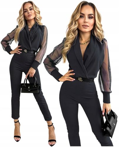 Elegancki KOMBINEZON DAMSKI kopertowy dekolt tiulowy rękaw na Arena.pl