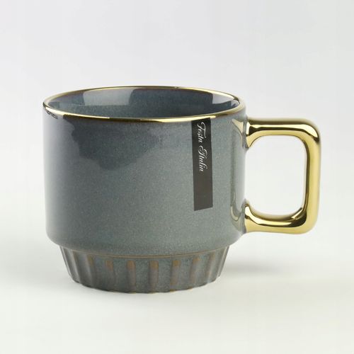CERAMICZNY KUBEK NA KAWĘ HERBATĘ GRANATOWY ZDOBIONY ZE ZŁOTYM UCHEM 320ML na Arena.pl