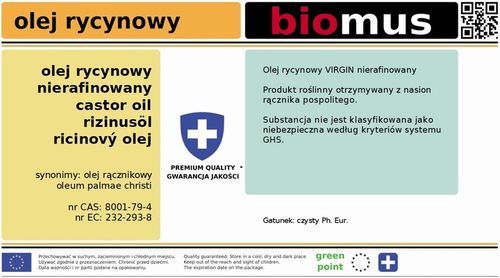 OLEJ RYCYNOWY NIERAFINOWANY czysty VIRGIN szkło Castor oil 1L BIOMUS na Arena.pl