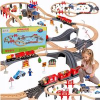 Drewniana Kolejka Elektryczna POCIĄG NA BATERIE x2 WAGONY TUNEL TOR Dźwięk