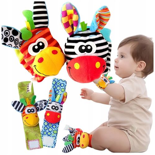 4x SKARPETKI + OPASKI 3D GRZECHOTKI SOZZY ZABAWKA SENSORYCZNA DLA NIEMOWLĄT na Arena.pl