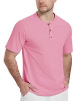 Koszulka męska Henley bawełniana polo bez kołnierzyka różowa krótki rękaw S