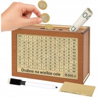 SKARBONKA WYKREŚLANA DREWNIANA OSZCZĘDZANIE CEL NA MONETY BANKNOTY PREZENT