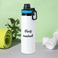 Biały bidon 850 ml - z rączką i zamykanym ustnikiem - z Twoim nadrukiem - niebieska opaska
