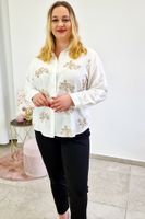 Biało-Beżowa Koszula Damska w Haftowane Kwiaty z Lnem M/L