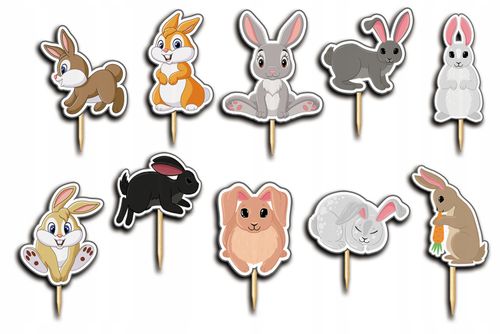 TOPPERY NA TORT OZDOBNE DEKORACJA ZESTAW - KRÓLIK KRÓLICZEK 10szt. na Arena.pl