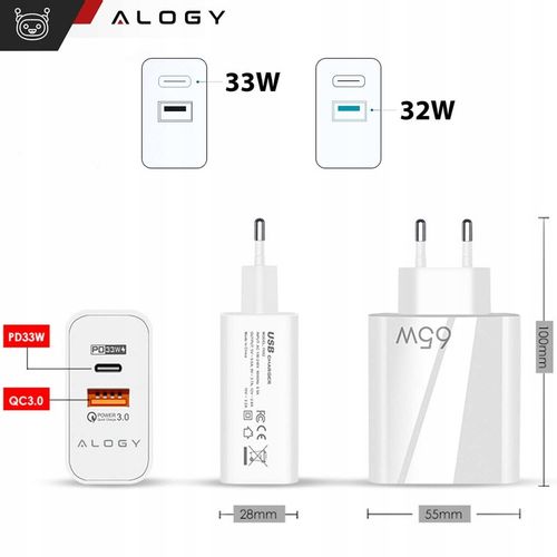 ŁADOWARKA SIECIOWA SZYBKA USB-A USB QC 3.0 65W USB-C PD TYP C DO TELEFONU na Arena.pl