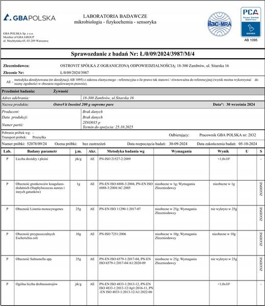 OstroVit Supreme Pure Inositol 200 g MIO-INOZYTOL WITAMINA B8 Bez dodatków zdjęcie 5