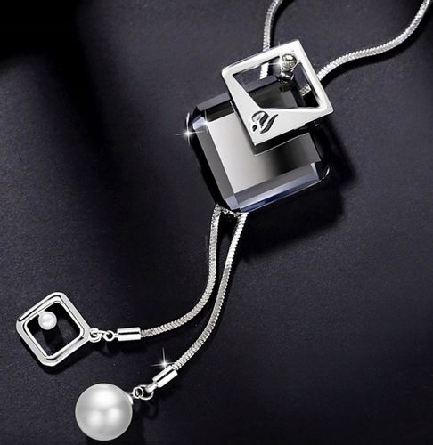 Naszyjnik DŁUGI srebrny łańcuszek kryształ GRAFIT na Arena.pl