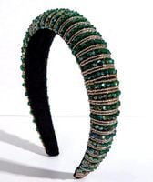 Barokowa szeroka opaska do włosów zielona z kryształami elegancka