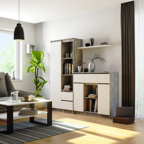 Komoda 101 cm pojemna 2 drzwi 3 szuflady 6 półek - beton biała na Arena.pl