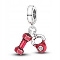 Zawieszka SREBRO 925 Charms Koralik Czerwona Hantla i Kettlebell
