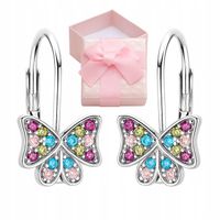 KOLCZYKI SREBRNE DLA DZIEWCZYNKI MOTYLKI KOLOROWE CYRKONIE ANGIELSKIE 925