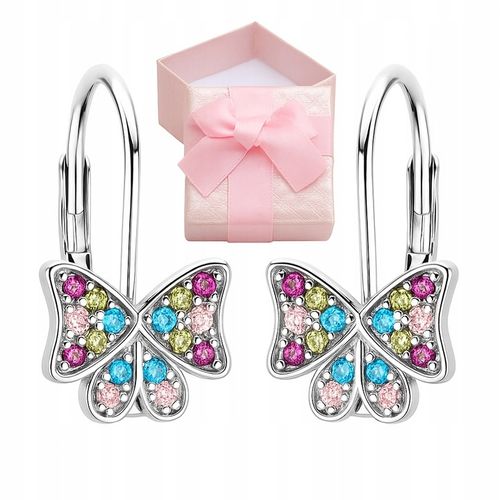 KOLCZYKI SREBRNE DLA DZIEWCZYNKI MOTYLKI KOLOROWE CYRKONIE ANGIELSKIE 925 na Arena.pl