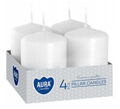 Świeca stołowa WALEC wotywna biała CZAS 7h Wys. 6 cm. BISPOL AURA, 4 szt