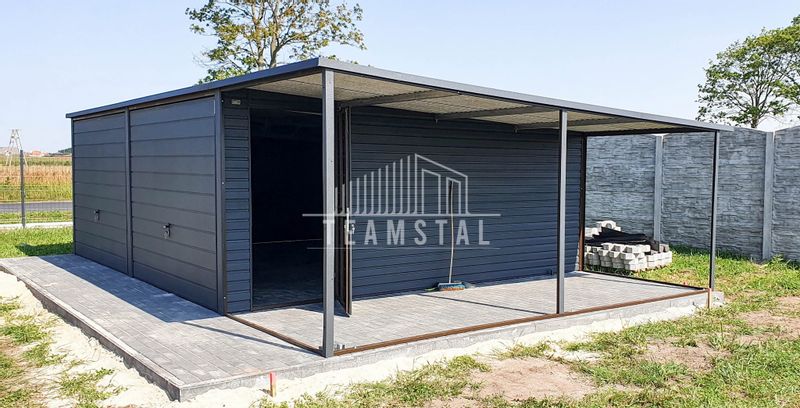 GARAŻ BLASZANY 6m x 5m poziom - spad tył 2x Brama uchylna - wiata - dodatkowe drzwi + antracyt BTX 7016 TS221 6x5 zdjęcie 3