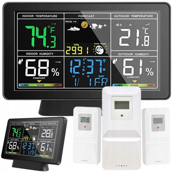 STACJA POGODY BEZPRZEWODOWA HIGROMETR TERMOMETR CIŚNIENIE 3 CZUJNIKI hPa zdjęcie 1