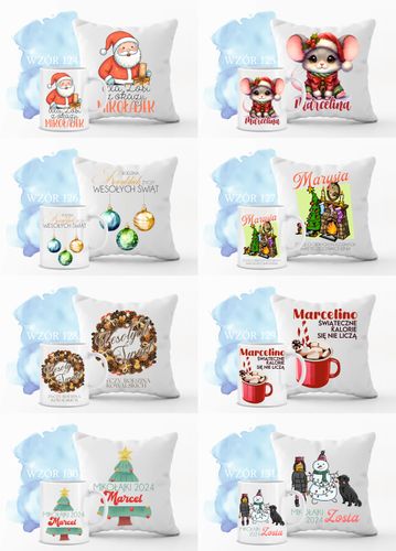 Zestaw PODUSZKA i KUBEK nadruk mikołajkowy świąteczny PREZENT dużo wzorów na Arena.pl