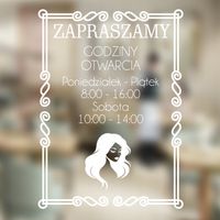 Naklejka ZAPRASZAMY godziny otwarcia na witrynę drzwi szybę FRYZJER 35x40cm