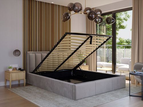 ŁOŻKO TAPICEROWANE MOON Z PODNOSZONYM STELAŻEM POJEMNIKIEM POŚCIEL na Arena.pl