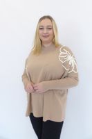 Beżowy Oversizowy Sweter Damski w Kwiaty ze Stójką UNI