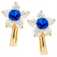Złote kolczyki dziecięce 585 szafirowe kwiatuszki z cyrkoniami kwiaty 14kt