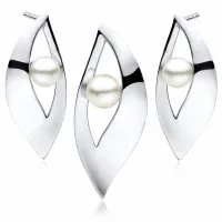 ELEGANCKI PODŁUŻNY RODOWANY SREBRNY KOMPLET ŁEZKI KROPLE MARKIZY PERŁY