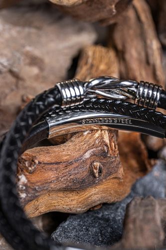 Bransoletka Męska Czarna ze Skóry Srebrna GRAWER Prezent Dla Męża Chłopaka na Arena.pl