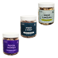 Liofilizowane mięso z królika, mięso kozie, płuca jagnięce dla psa i kota