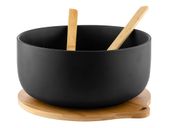 MISKA CERAMICZNA CZARNA DO SAŁATY BAMBUSOWA PODSTAWKA + ŁYŻKI