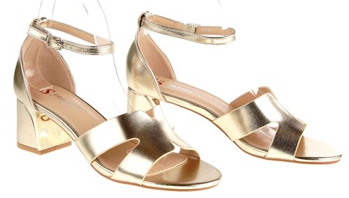 Sandały na obcasie słupku 5,5 cm. pasek złote Rozmiar obuwia - 39, Długość wkładki [cm]: - 25,50 cm. na Arena.pl