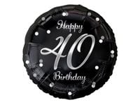 Balon foliowy "B&C Happy 40 Birthday", czarny, nadruk srebrny, 45 cm