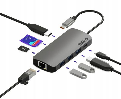 Hub Usb C 8w1 Stacja Dokująca 100W HDMI 4K 60Hz 3xUSB LAN SD DEKO BUSINESS na Arena.pl