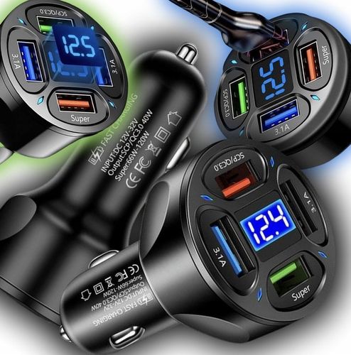 MOCNA SZYBKA ŁADOWARKA SAMOCHODOWA 4x USB PD QC 3.0 66W DO TELEFONU DO AUTA na Arena.pl